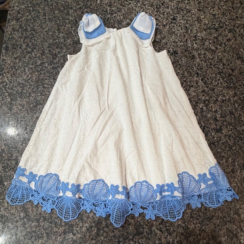 Cynthia Rowley Girls White Swiss Dot Dress Blue Seashell Lace Hem Size 7